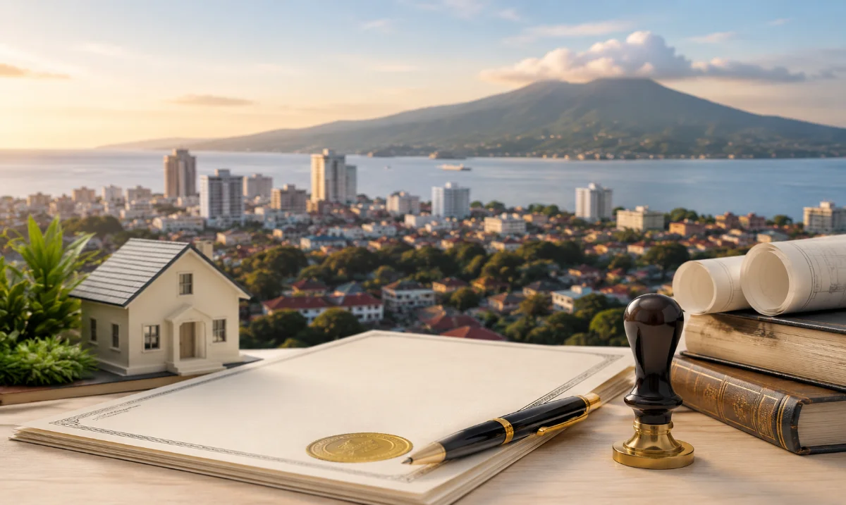 Notaris Manado dengan latar Kota Manado, dokumen legal, blueprint properti, dan simbol layanan notaris serta pertanahan