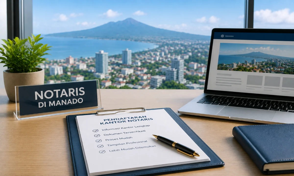 Ilustrasi pendaftaran kantor notaris di Manado dengan dokumen verifikasi, laptop, dan latar panorama Kota Manado serta Teluk Manado.