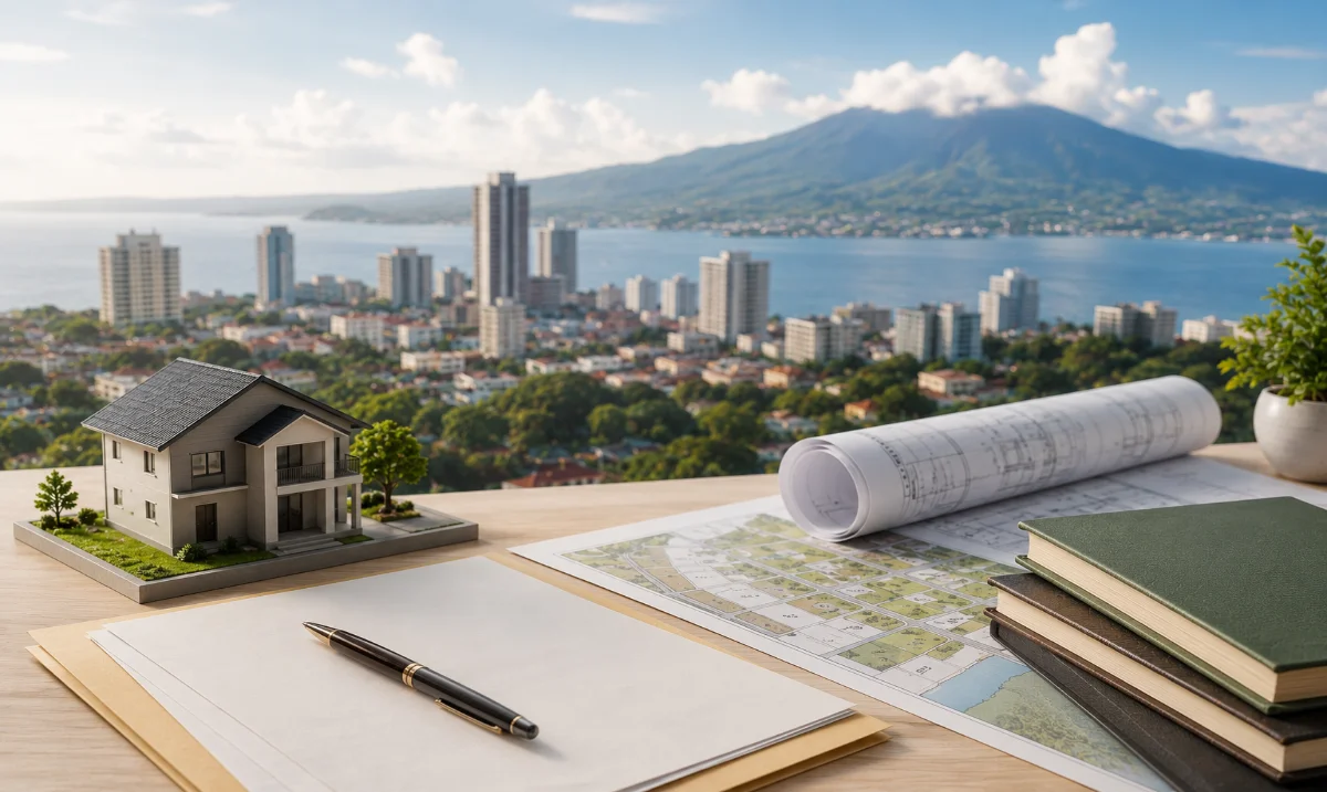 Ilustrasi PPAT di Manado dengan miniatur rumah, peta bidang tanah, blueprint properti, dan panorama Kota Manado sebagai representasi proses pertanahan.