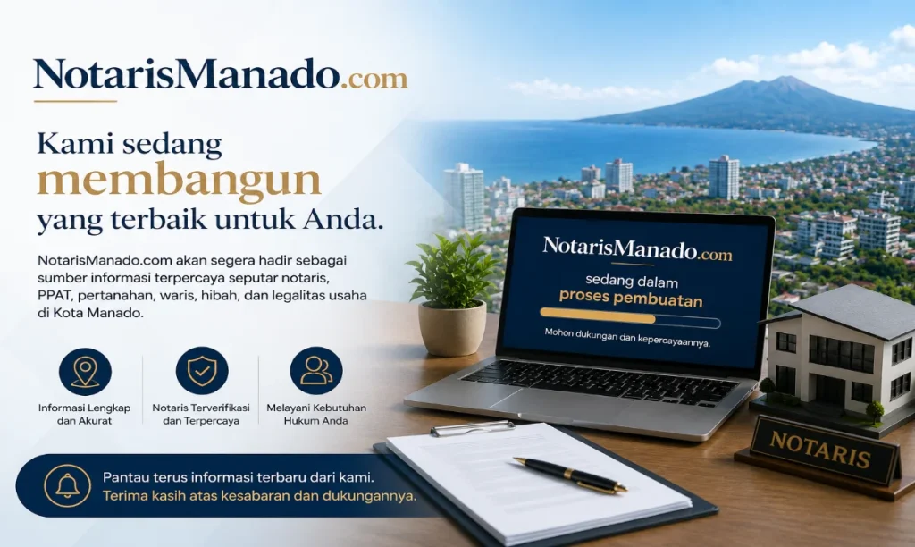 NotarisManado.com sedang dalam proses pengembangan sebagai portal informasi notaris, PPAT, dan pertanahan di Kota Manado.