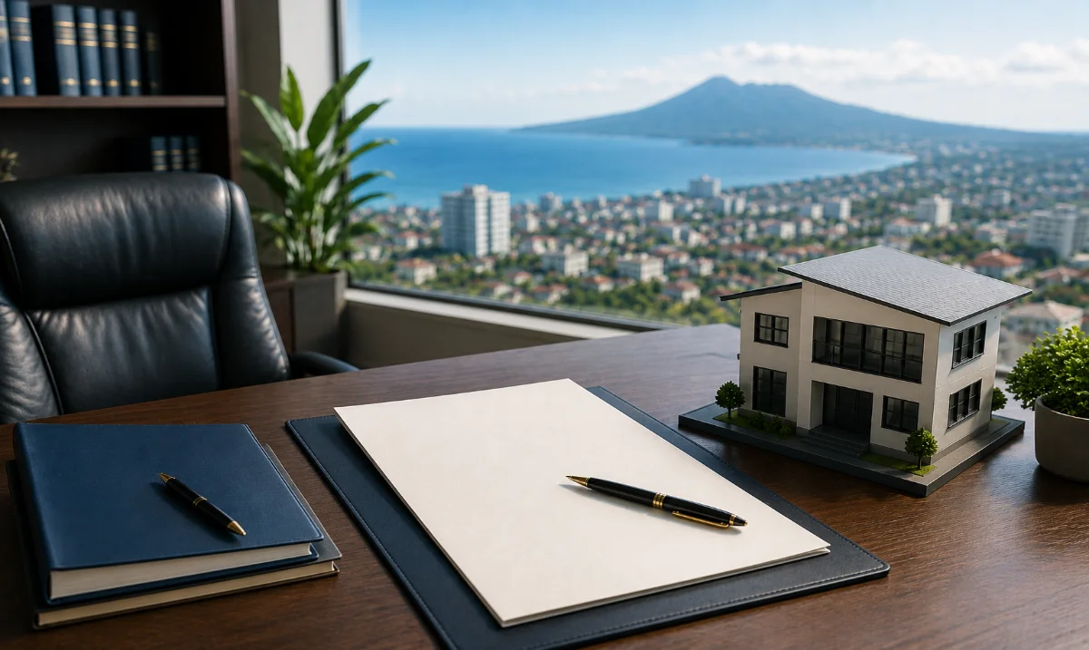 Ilustrasi profesional kantor notaris di Kota Manado dengan suasana kerja modern dan pemandangan Teluk Manado.