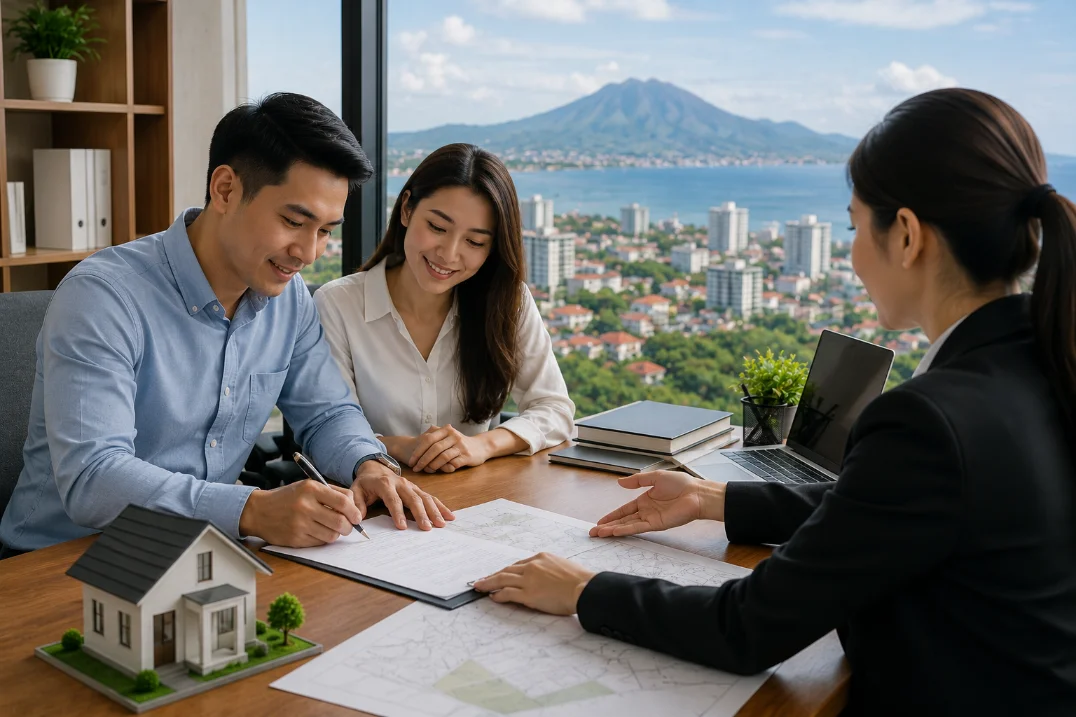 Konsultasi jual beli tanah di Manado dengan pembeli, penjual, dokumen properti, dan proses transaksi sertifikat tanah.